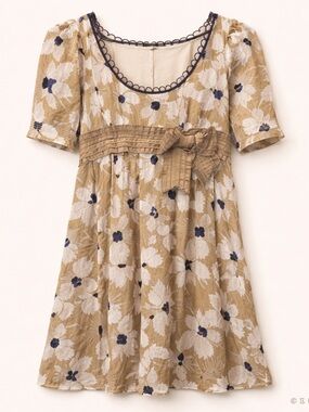 Vera Wang Tan Floral Mini Empire Waist 100% Silk Vintage Dress with Navy Trim